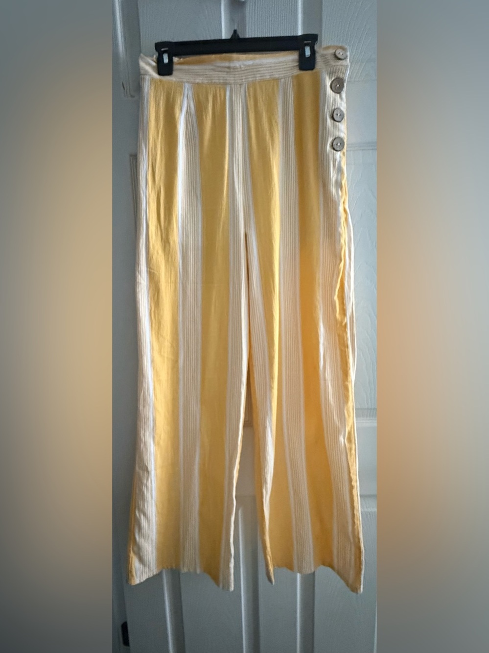 Haute Monde Yellow and Cream Striped Wide Leg Pants with Side Buttons